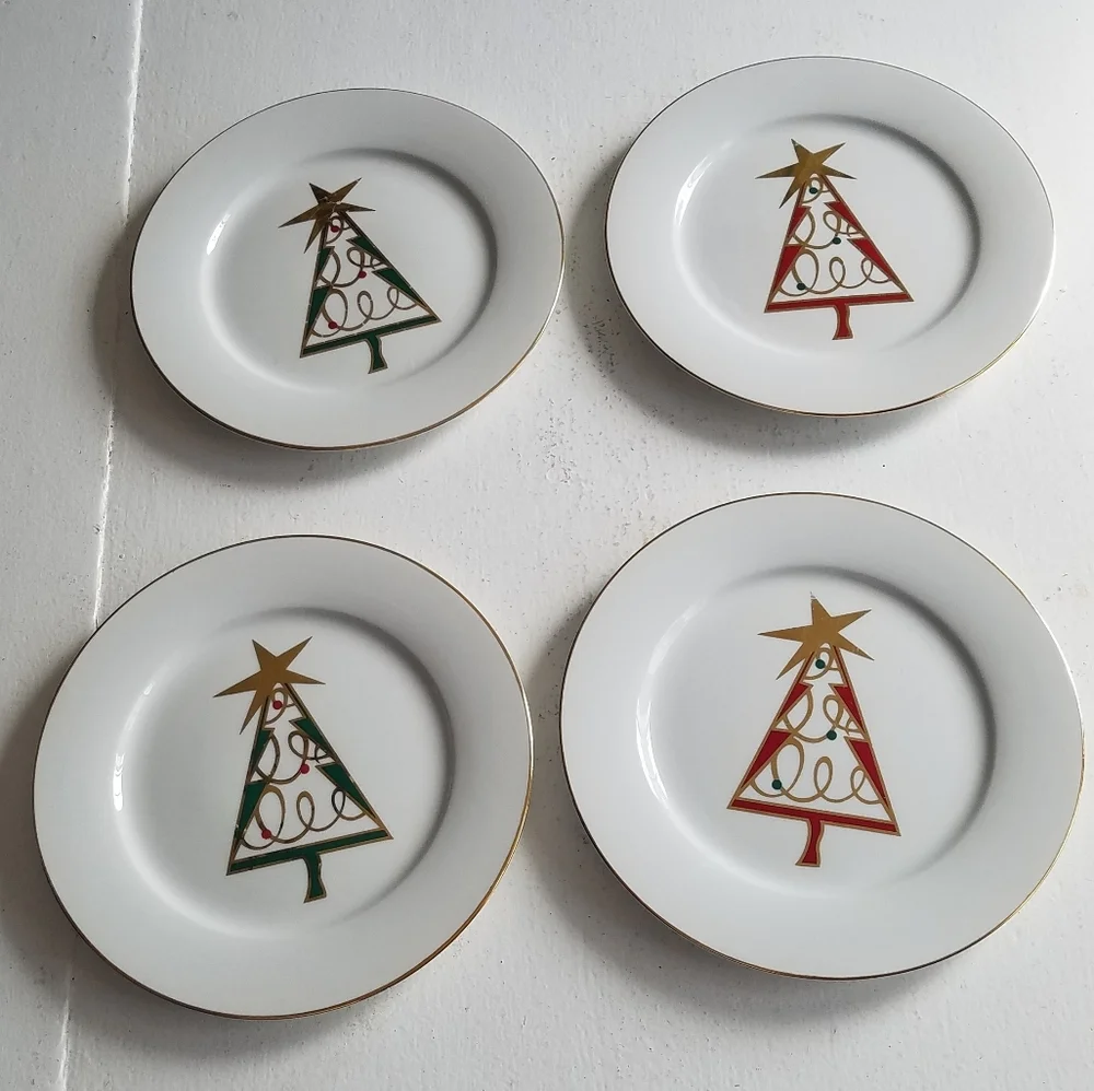 Set of 4 Pier 1 Porcelain Christmas Tree Salad Plates